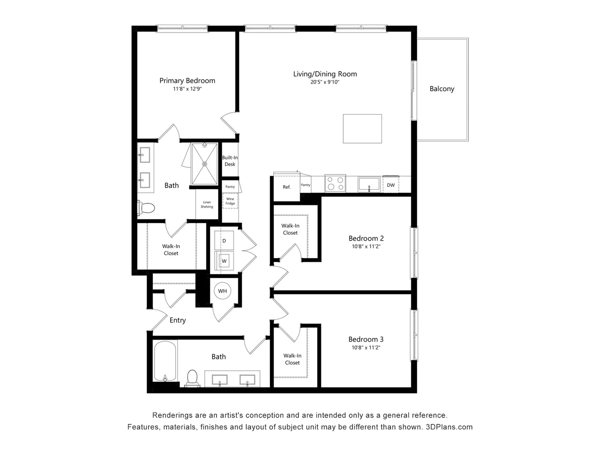 Floor plan of a 3-bedroom apartment with living areas, bathrooms, and balcony layout.