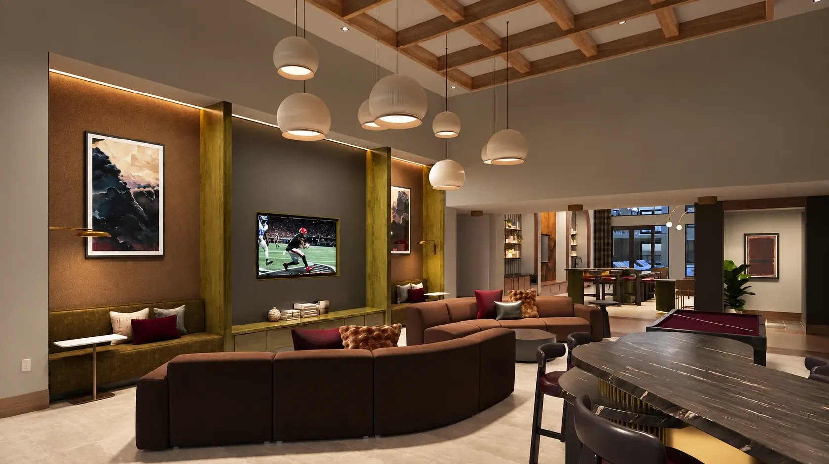 Modern luxury living room with curved sectional sofa, pendant lighting, and decorative wall alcoves in warm tones.