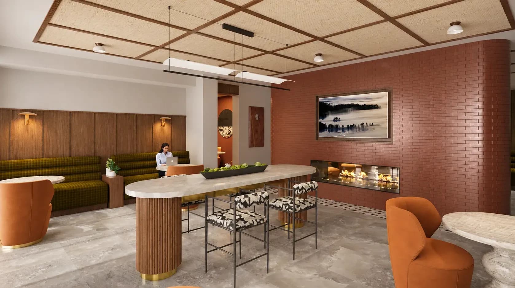 Modern hotel lobby with terracotta walls, wooden paneling, bar seating, and contemporary furnishings