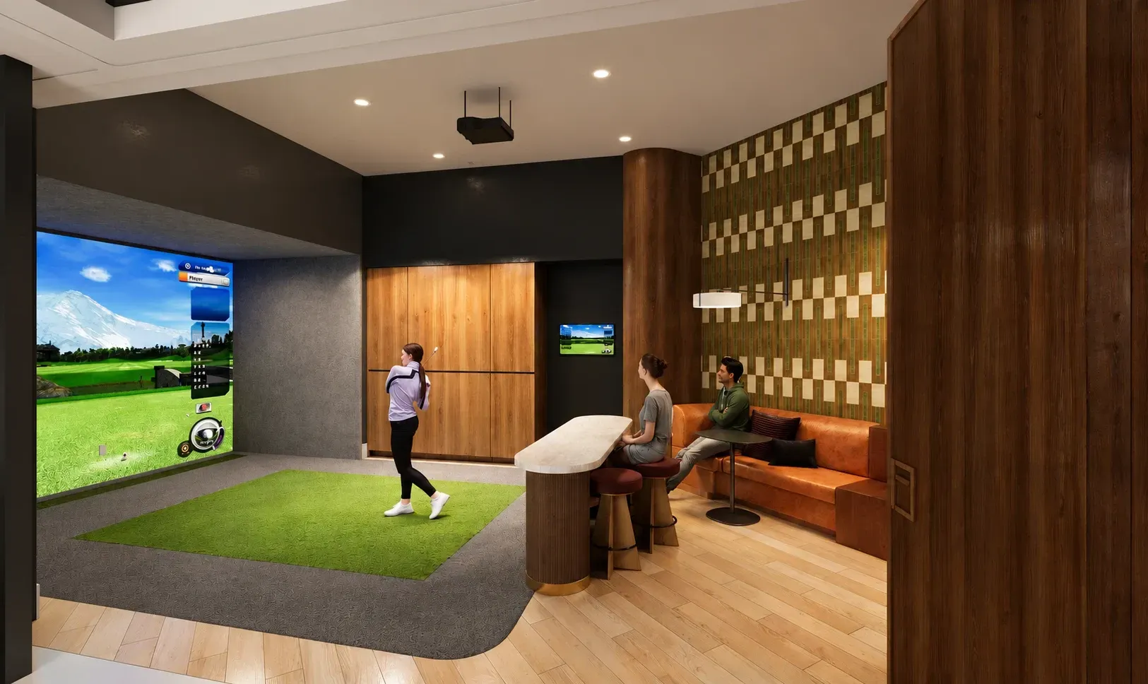 Modern home entertainment room with golf simulator, lounge seating, and wood paneling.
