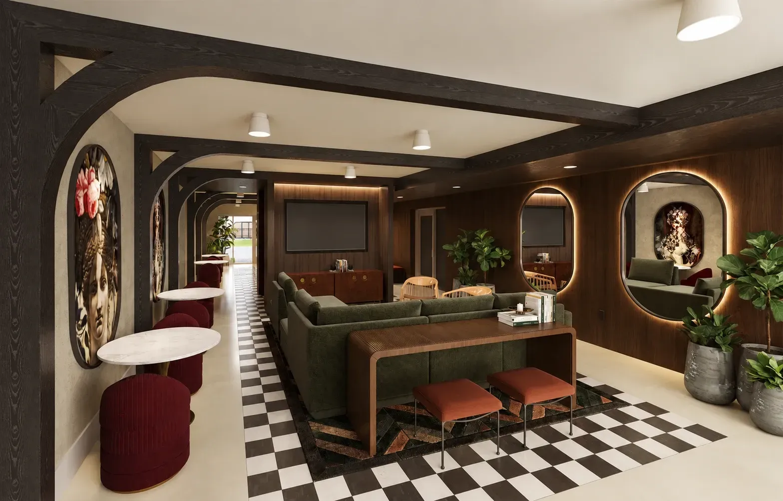 Luxury lounge with green velvet seating, checkered flooring, and dark wood accents throughout.
