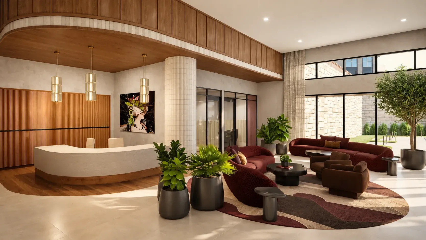 Modern luxury hotel lobby with curved reception desk, burgundy seating, wood ceiling, and floor-to-ceiling windows