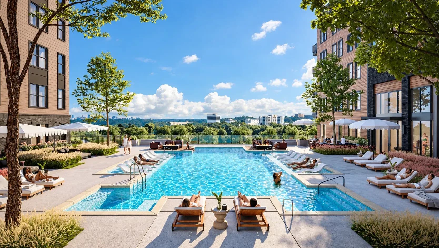 Luxury waterfront residential community with resort-style swimming pool, lounge seating, and modern apartment buildings.