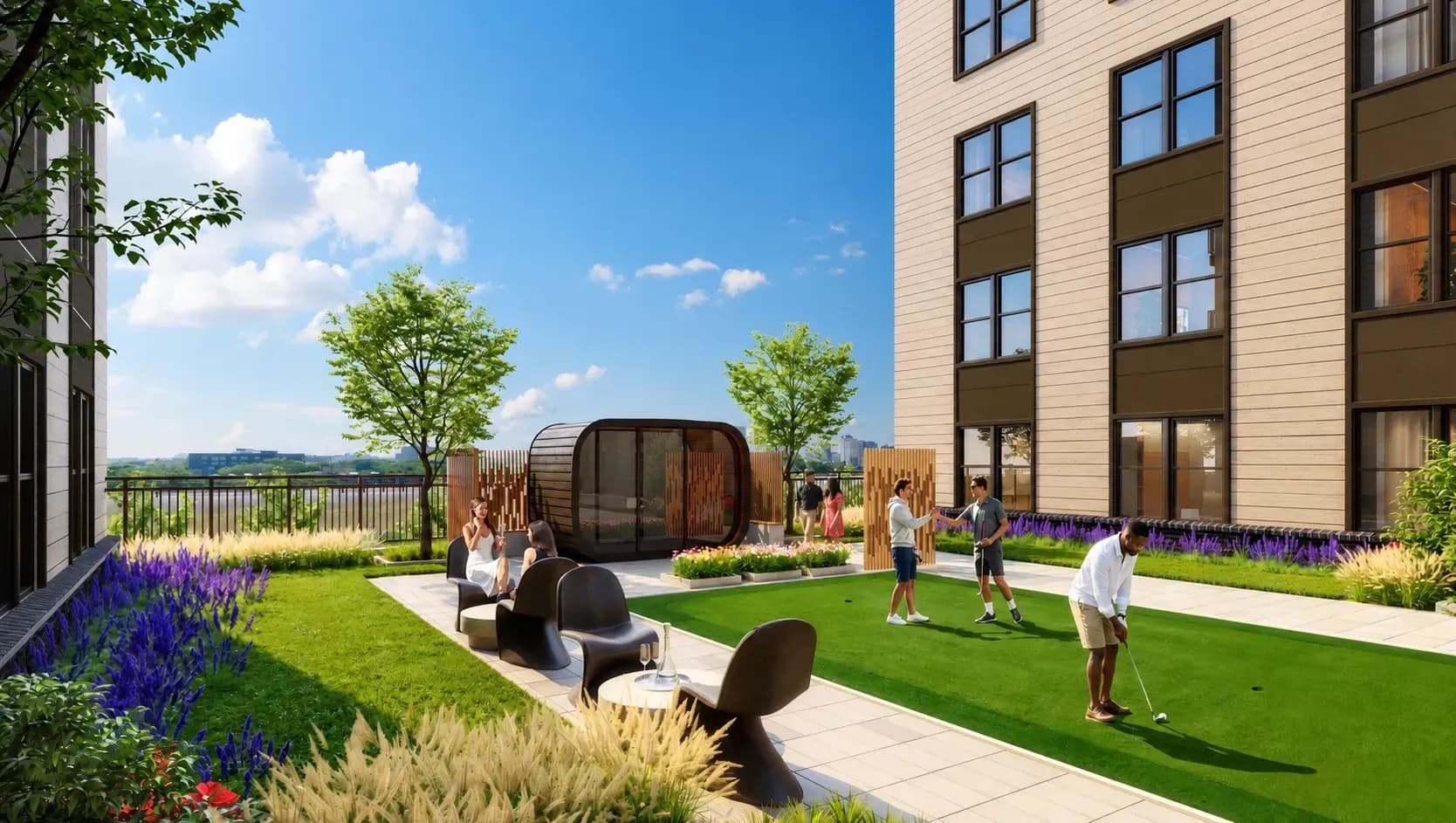 Modern residential building with manicured courtyard featuring green lawn, purple flowers, decorative wooden structures, and city views